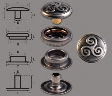 Brass (nickel free) Ring-Spring Snap Fastener Button ‘F3’ 14mm Celtic Triskel, Rapid Rivet Button, Finish: Nickel-Antique