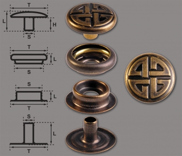 Brass (nickel free) Ring-Spring Snap Fastener Button ‘F3’ 14mm Celtic Knot, Rapid Rivet Button, Finish: Brass-Antique