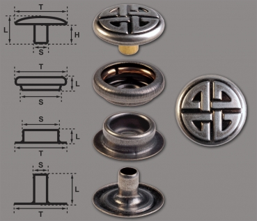 Brass (nickel free) Ring-Spring Snap Fastener Button ‘F3’ 14mm Celtic Knot, Rapid Rivet Button, Finish: Nickel-Antique