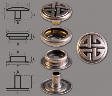 Brass (nickel free) Ring-Spring Snap Fastener Button ‘F3’ 14mm Celtic Knot, Rapid Rivet Button, Finish: Silver-Antique