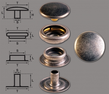 Brass (nickel free) Ring-Spring Snap Fastener Button 'F3' 14mm, Press Snap Button, Finish: Silver-Antique