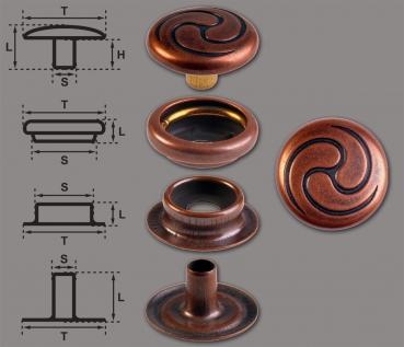 Brass (nickel free) Ring-Spring Snap Fastener Button ‘F3’ 14mm Celtic Spiral, Rapid Rivet Button, Finish: Copper-Antique
