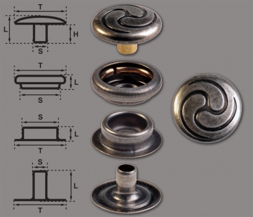 Brass (nickel free) Ring-Spring Snap Fastener Button 'F3' 14mm Celtic Spiral, Rapid Rivet Button, Finish: Nickel-Antique