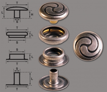 Brass (nickel free) Ring-Spring Snap Fastener Button ‘F3’ 14mm Celtic Spiral, Rapid Rivet Button, Finish: Silver-Antique