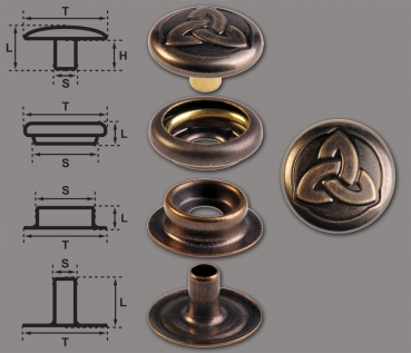 Brass (nickel free) Ring-Spring Snap Fastener Button ‘F3’ 14mm Celtic Trinity, Rapid Rivet Button, Finish: Brass-Antique
