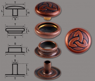 Brass (nickel free) Ring-Spring Snap Fastener Button ‘F3’ 14mm Celtic Trinity, Rapid Rivet Button, Finish: Copper-Antique