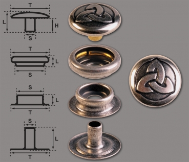Brass (nickel free) Ring-Spring Snap Fastener Button ‘F3’ 14mm Celtic Trinity, Rapid Rivet Button, Finish: Silver-Antique