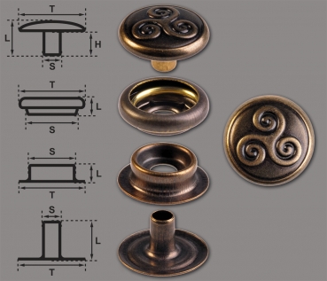 Brass (nickel free) Ring-Spring Snap Fastener Button ‘F3’ 14mm Celtic Triskel, Rapid Rivet Button, Finish: Brass-Antique