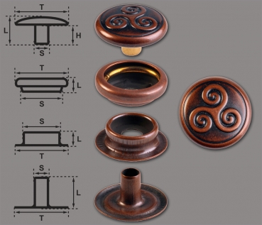 Brass (nickel free) Ring-Spring Snap Fastener Button ‘F3’ 14mm Celtic Triskel, Rapid Rivet Button, Finish: Copper-Antique