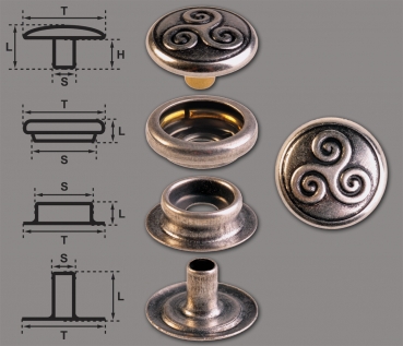 Brass (nickel free) Ring-Spring Snap Fastener Button ‘F3’ 14mm Celtic Triskel, Rapid Rivet Button, Finish: Silver-Antique