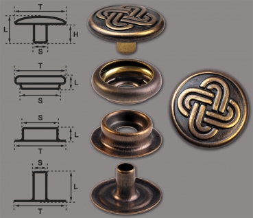 Brass (nickel free) Ring-Spring Snap Fastener Button ‘F3’ 15.2mm Celtic Knot 2, Rapid Rivet Button, Finish: Brass-Antique