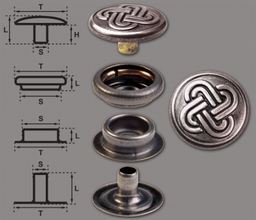 Ringfeder-Druckknöpfe “F3” 15.2mm Keltischer Knoten 2 aus Messing (nickel frei), Finish: nickel-antik