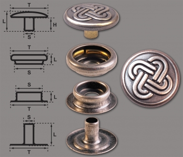Brass (nickel free) Ring-Spring Snap Fastener Button ‘F3’ 15.2mm Celtic Knot 2, Rapid Rivet Button, Finish: Silver-Antique