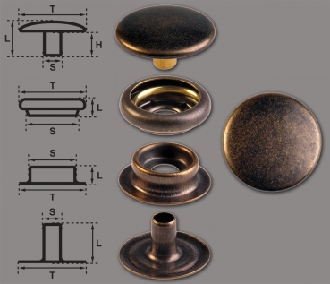 Brass (nickel free) Ring-Spring Snap Fastener Button 'F3' 15.5mm, Press Snap Button, Finish: Brass-Antique