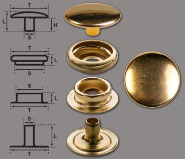 Brass (nickel free) Ring-Spring Snap Fastener Button 'F3' 15.5mm, Press Snap Button, Gold-Glossy (gold-coloured)