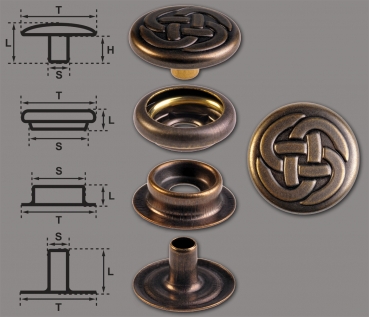 Brass (nickel free) Ring-Spring Snap Fastener Button ‘F3’ 15.2mm Celtic Knot 1, Rapid Rivet Button, Finish: Brass-Antique