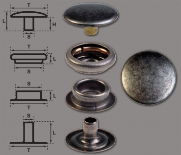 Brass (nickel free) Ring-Spring Snap Fastener Button 'F3' 15.5mm, Press Snap Button, Nickel-Antique