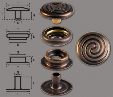 Brass (nickel free) Ring-Spring Snap Fastener Button ‘F3’ 15.2mm Celtic Spiral, Rapid Rivet Button, Finish: Brass-Antique