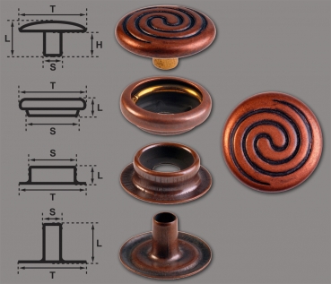 Brass (nickel free) Ring-Spring Snap Fastener Button ‘F3’ 15.2mm Celtic Spiral, Rapid Rivet Button, Finish: Copper-Antique