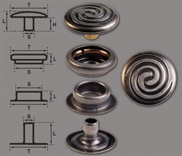 Brass (nickel free) Ring-Spring Snap Fastener Button ‘F3’ 15.2mm Celtic Spiral, Rapid Rivet Button, Finish: Nickel-Antique
