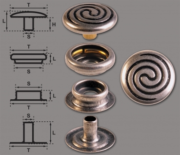 Brass (nickel free) Ring-Spring Snap Fastener Button ‘F3’ 15.2mm Celtic Spiral, Rapid Rivet Button, Finish: Silver-Antique