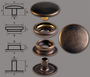 Brass (nickel free) Ring-Spring Snap Fastener Button 'F3' 17mm, Press Snap Button, Finish: Brass-Antique