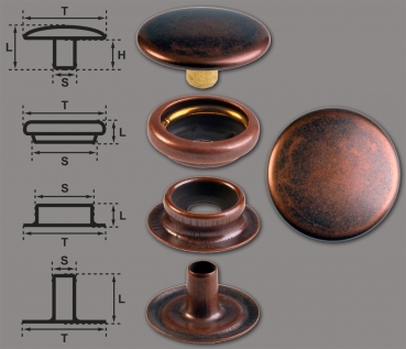 Brass (nickel free) Ring-Spring Snap Fastener Button 'F3' 17mm, Press Snap Button, Finish: Copper-Antique
