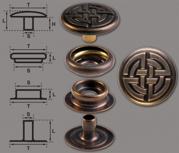 Brass (nickel free) Ring-Spring Snap Fastener Button ‘F3’ 17mm Celtic Knot, Rapid Rivet Button, Finish: Brass-Antique