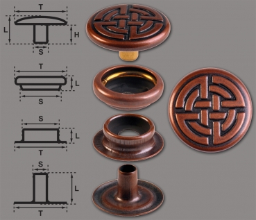 Brass (nickel free) Ring-Spring Snap Fastener Button ‘F3’ 17mm Celtic Knot, Rapid Rivet Button, Finish: Copper-Antique