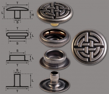 Brass (nickel free) Ring-Spring Snap Fastener Button ‘F3’ 17mm Celtic Knot, Rapid Rivet Button, Finish: Nickel-Antique