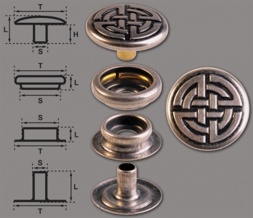 Brass (nickel free) Ring-Spring Snap Fastener Button ‘F3’ 17mm Celtic Knot, Rapid Rivet Button, Finish: Silver-Antique