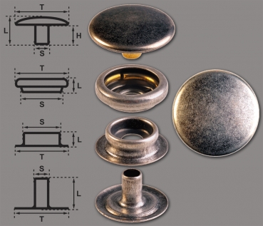Brass (nickel free) Ring-Spring Snap Fastener Button 'F3' 17mm, Press Snap Button, Finish: Silver-Antique