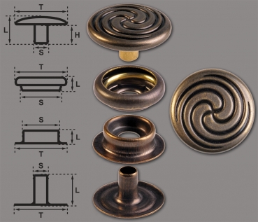 Brass (nickel free) Ring-Spring Snap Fastener Button ‘F3’ 17mm Celtic Spiral, Rapid Rivet Button, Finish: Brass-Antique