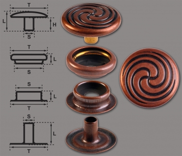 Brass (nickel free) Ring-Spring Snap Fastener Button ‘F3’ 17mm Celtic Spiral, Rapid Rivet Button, Finish: Copper-Antique