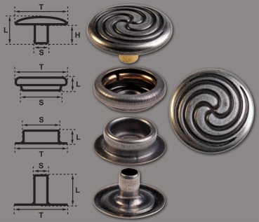 Brass (nickel free) Ring-Spring Snap Fastener Button ‘F3’ 17mm Celtic Spiral, Rapid Rivet Button, Finish: Nickel-Antique