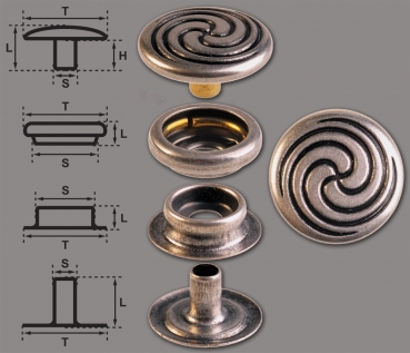 Brass (nickel free) Ring-Spring Snap Fastener Button ‘F3’ 17mm Celtic Spiral, Rapid Rivet Button, Finish: Silver-Antique