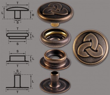 Brass (nickel free) Ring-Spring Snap Fastener Button ‘F3’ 17mm Celtic Trinity, Rapid Rivet Button, Finish: Brass-Antique