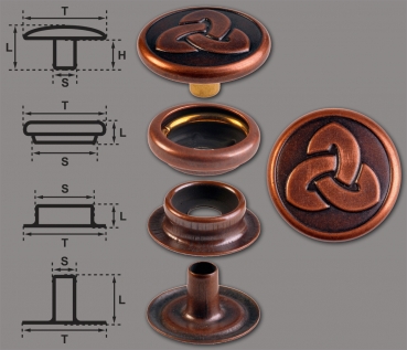 Brass (nickel free) Ring-Spring Snap Fastener Button ‘F3’ 17mm Celtic Trinity, Rapid Rivet Button, Finish: Copper-Antique
