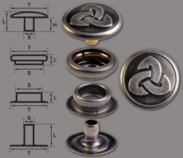 Brass (nickel free) Ring-Spring Snap Fastener Button ‘F3’ 17mm Celtic Trinity, Rapid Rivet Button, Finish: Nickel-Antique