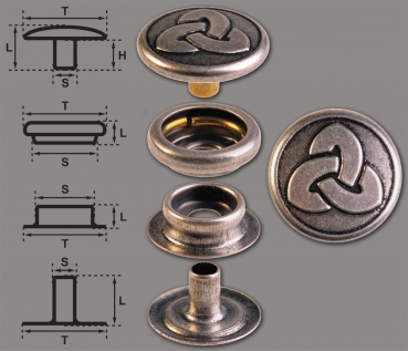 Brass (nickel free) Ring-Spring Snap Fastener Button ‘F3’ 17mm Celtic Trinity, Rapid Rivet Button, Finish: Silver-Antique