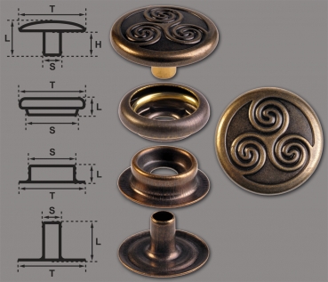 Brass (nickel free) Ring-Spring Snap Fastener Button ‘F3’ 17mm Celtic Triskel, Rapid Rivet Button, Finish: Brass-Antique