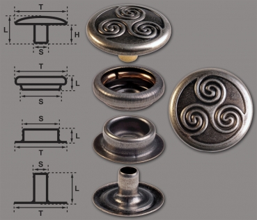 Brass (nickel free) Ring-Spring Snap Fastener Button ‘F3’ 17mm Celtic Triskel, Rapid Rivet Button, Finish: Nickel-Antique