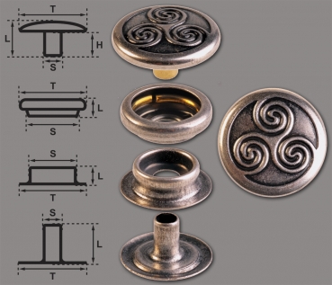 Brass (nickel free) Ring-Spring Snap Fastener Button ‘F3’ 17mm Celtic Triskel, Rapid Rivet Button, Finish: Silver-Antique