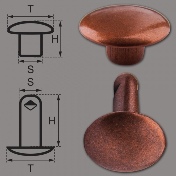 Double Cap Hollow Rivets 2-parts 9mm "9/10/2" Made of Iron (nickel free), Finish: copper-antique