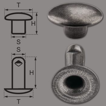 Single Cap Hollow Rivets 2-parts 9mm "9/10" Made of Iron (nickel free), Finish: Nickel-Antique