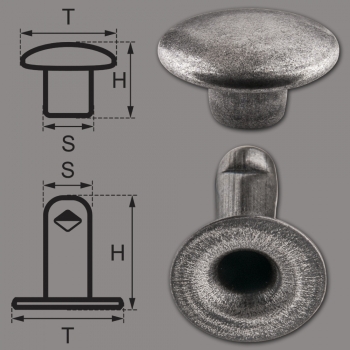 Single Cap Hollow Rivets 2-parts 9mm "9/10" Made of Iron (nickel free), Finish: Silver-Antique
