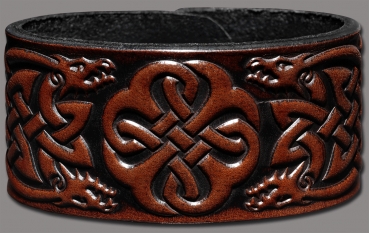 Leather Bracelet 32mm (1 1/4 inch) Knotwork with Dragons Head (8) brown-antique