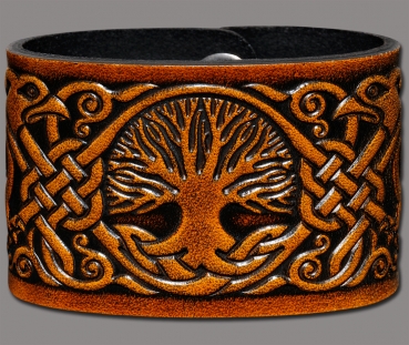 Leather Wristband 48mm (1 7/8 inch) Tree of Life with Birds (8) honey-antique