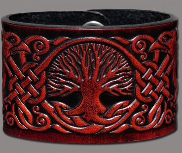 Leather Wristband 48mm (1 7/8 inch) Tree of Life with Birds (8) mahogany-antique