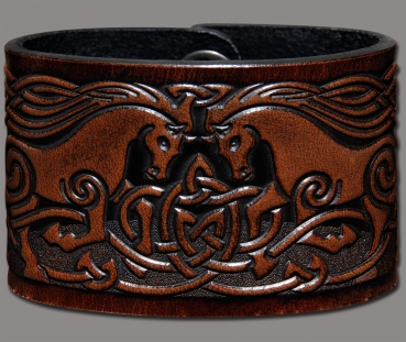 Leather Wristband 48mm (1 7/8 inch) Celtic Horses (11) brown-antique